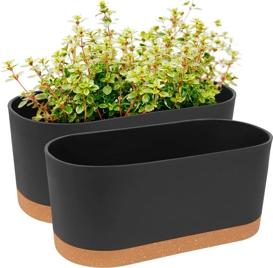Set di 2 vasi per piante, 40x7cm, vasche autoirriganti con fori di drenaggio, ideali per piante di interni, fiori e erbe (nero scuro)
