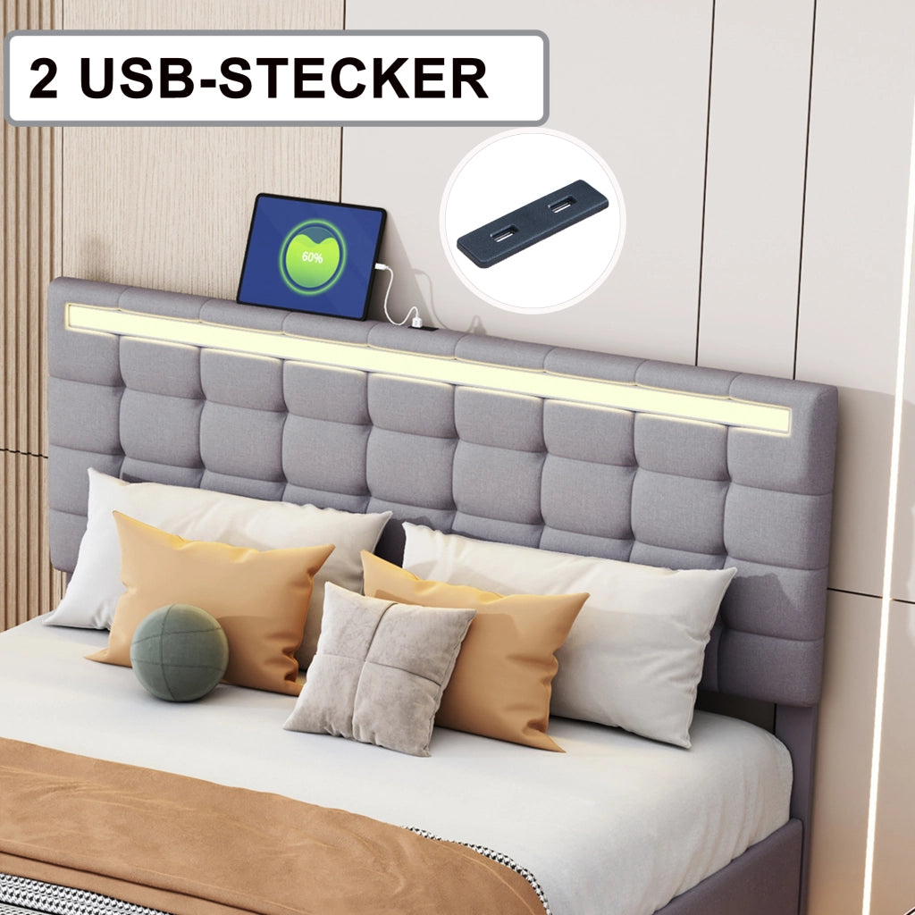 OKWISH Letto Imbottito 140×200 cm, Letto Matrimoniale con Piedini Nascosti, LED Regolabile e Testiera, senza Materasso, Grigio