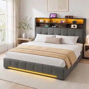 Letto matrimoniale 180x200 cm in velluto grigio scuro con LED e contenitore
