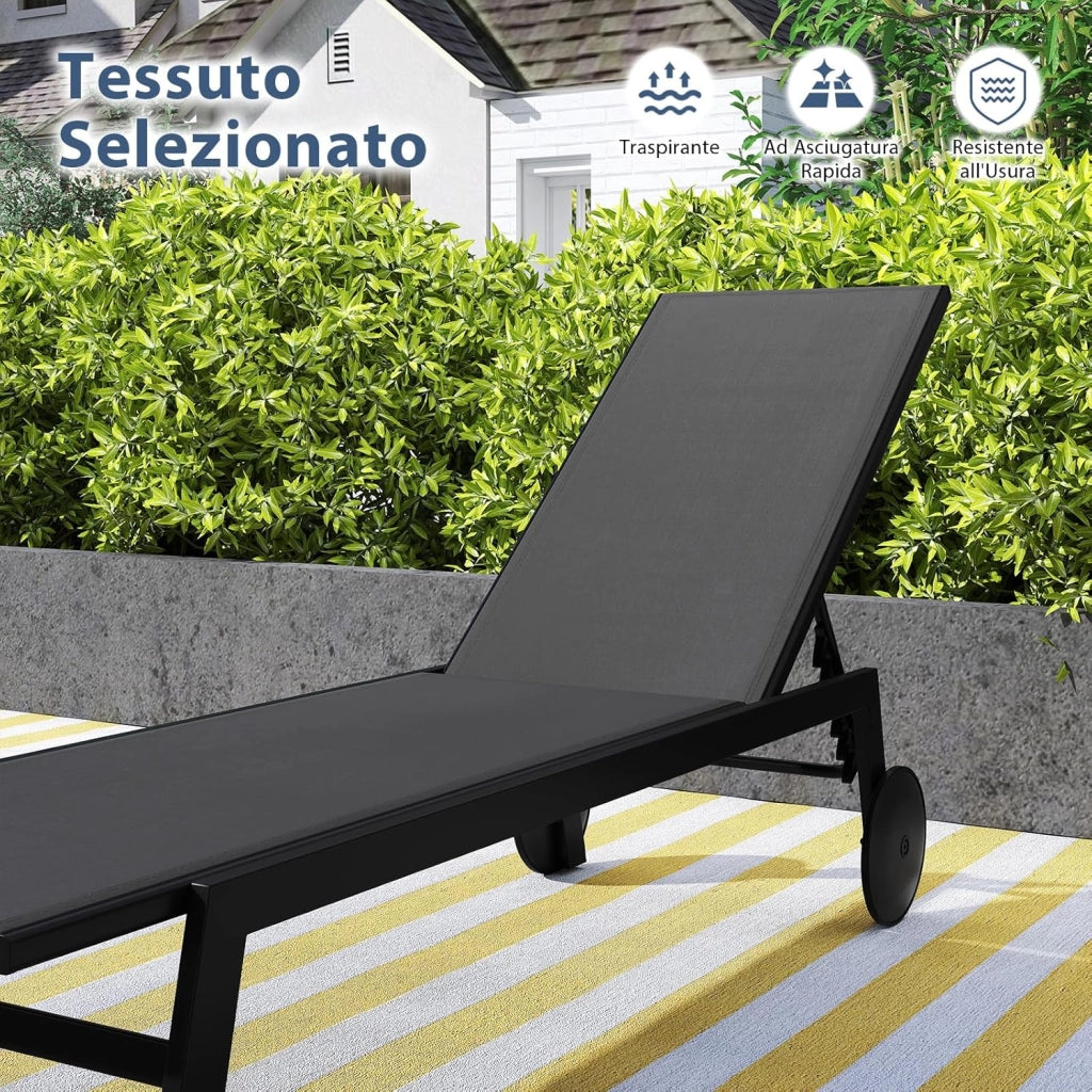 Lettino Prendisole da Giardino, Sdraio da Patio con Schienale Regolabile a 6 Posizioni, Tessuto Traspirante, 2 Ruote, per Piscina, Terrazza e Giardino, Portata 150 kg (Grigio,1)