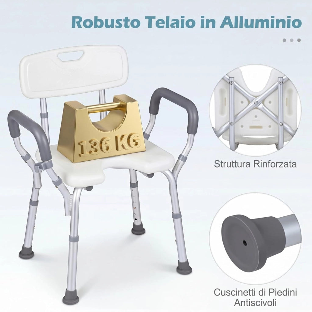 Sedia da Doccia Anziani, Sgabello da Doccia Antiscivolo con Braccioli e Schienale, Sedile a Forma di U e Altezza Regolabile, in Alluminio Resistente, per Disabili e Donne Incinte
