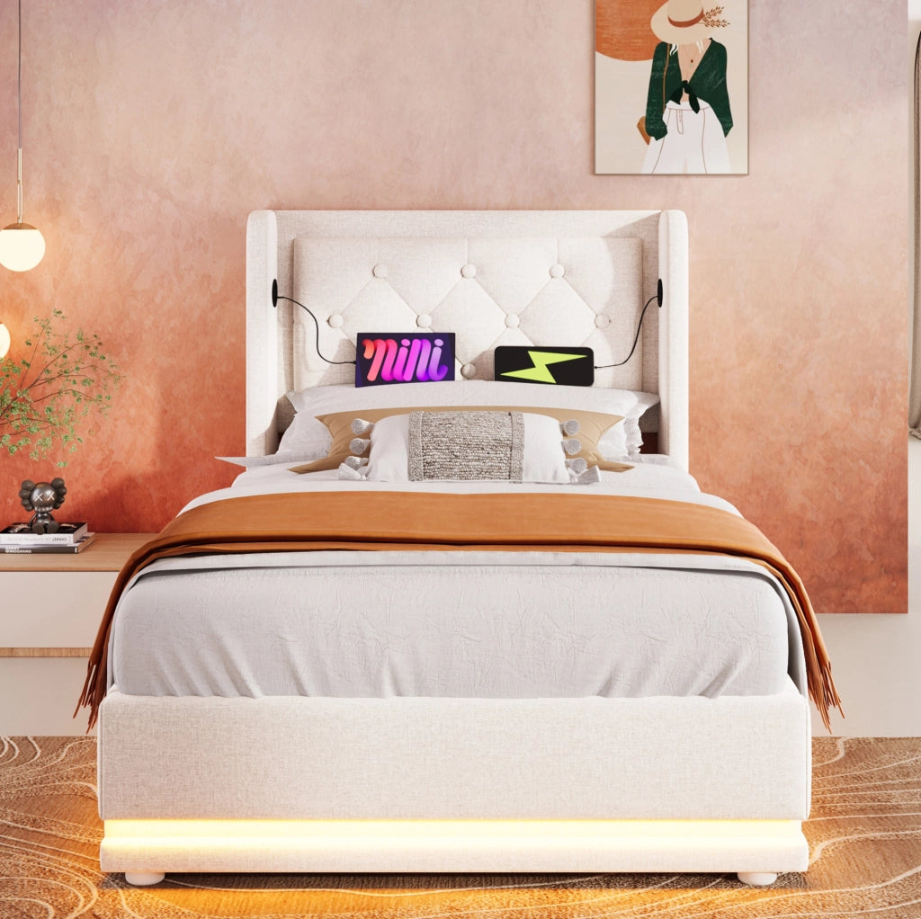 Letto singolo imbottito 90x200 cm beige in cotone con contenitore; USB Type-C e LED