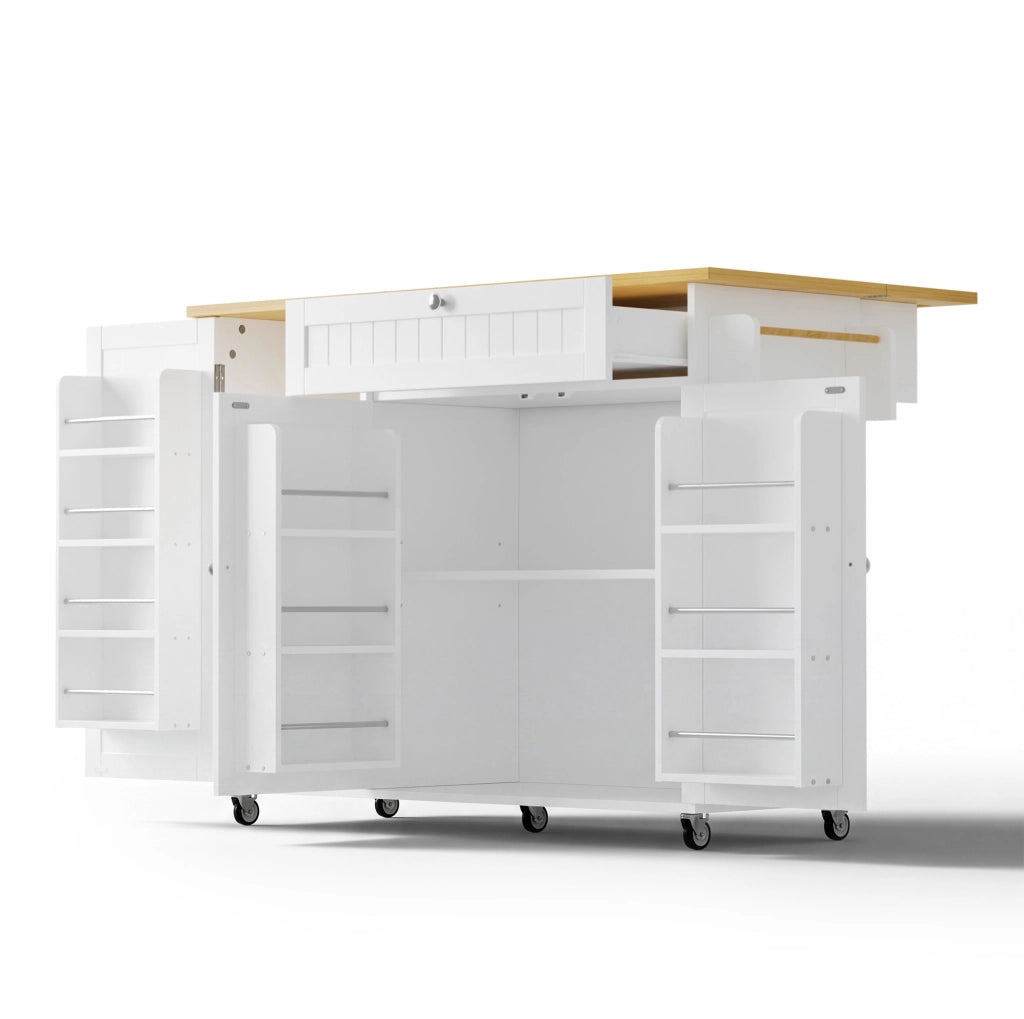 Carrello isola cucina con piano ribaltabile 120x70x92 cm in MDF; naturale e bianco