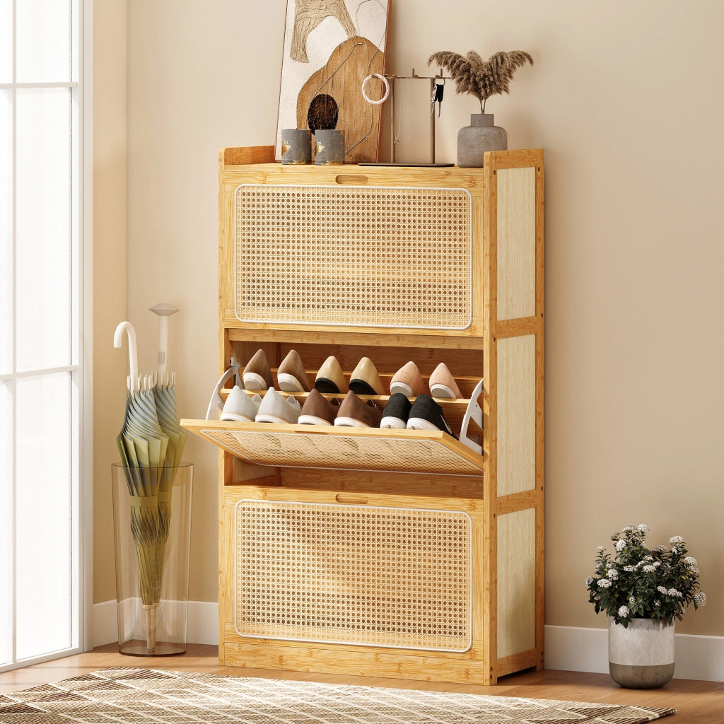 Scarpiera in Bamb¨´ con 3 Cassetti ¨C Zephmum ¨C Naturale 69x29x119,8 cm