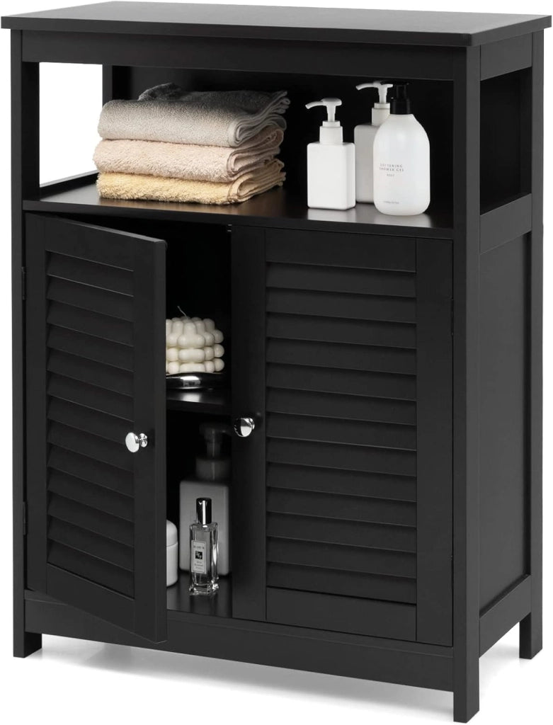 Armadietto da bagno, in legno, con ripiano regolabile in altezza, credenza con 2 ante persiane, mobile per bagno, cucina (nero)