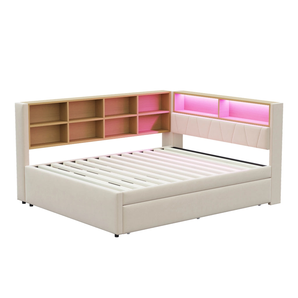 Letto estraibile matrimoniale 140×200 cm e 90×190 cm con LED; USB; Type-C e vani portaoggetti; senza materasso; beige