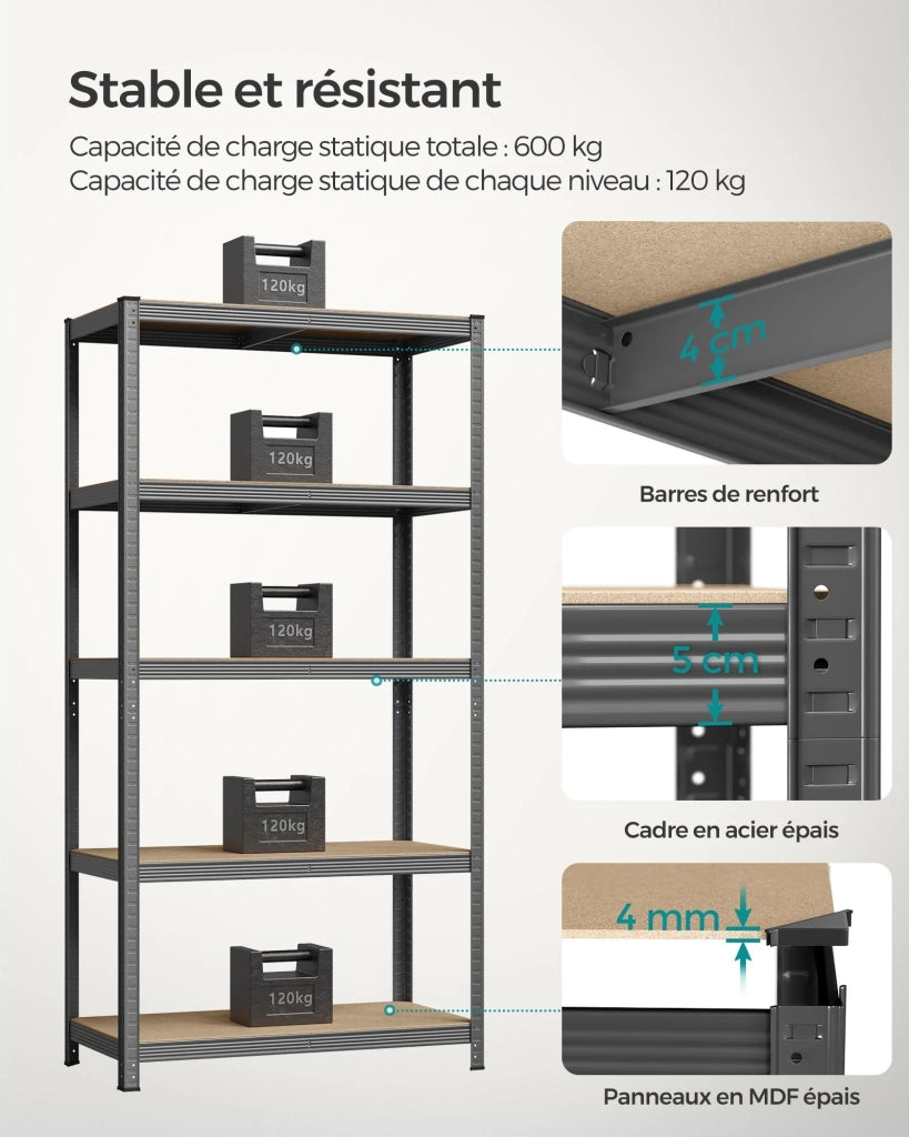 Scaffalatura metallica per carichi pesanti 200 x 100 x 50 cm 5 ripiani portata totale 875 kg (175 kg/ripiano) ripiani regolabili per garage/cantina nero 12_0005593