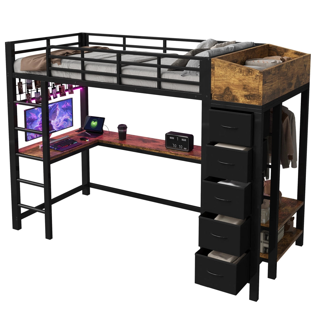 Letto a soppalco 90x200 cm con scrivania e contenimento in metallo nero