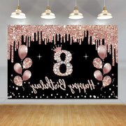 Decorazioni di compleanno per bambine - Tela nera e oro rosa con disegno di cartone per poster - Banner di sfondo per festa benvenuto
