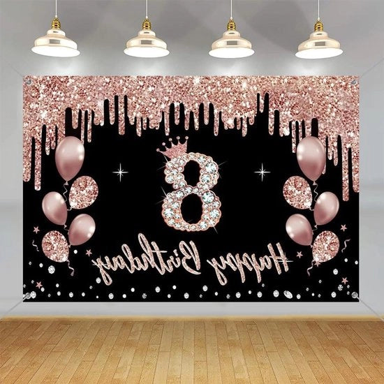 Decorazioni di compleanno per bambine - Tela nera e oro rosa con disegno di cartone per poster - Banner di sfondo per festa benvenuto