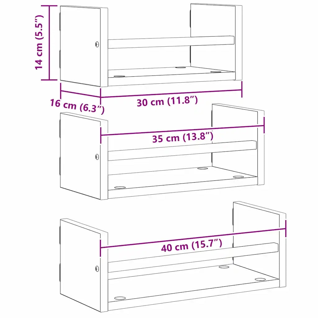 Set mensole da parete 3 pcs Rovere Nero 40x16x14cm 882789