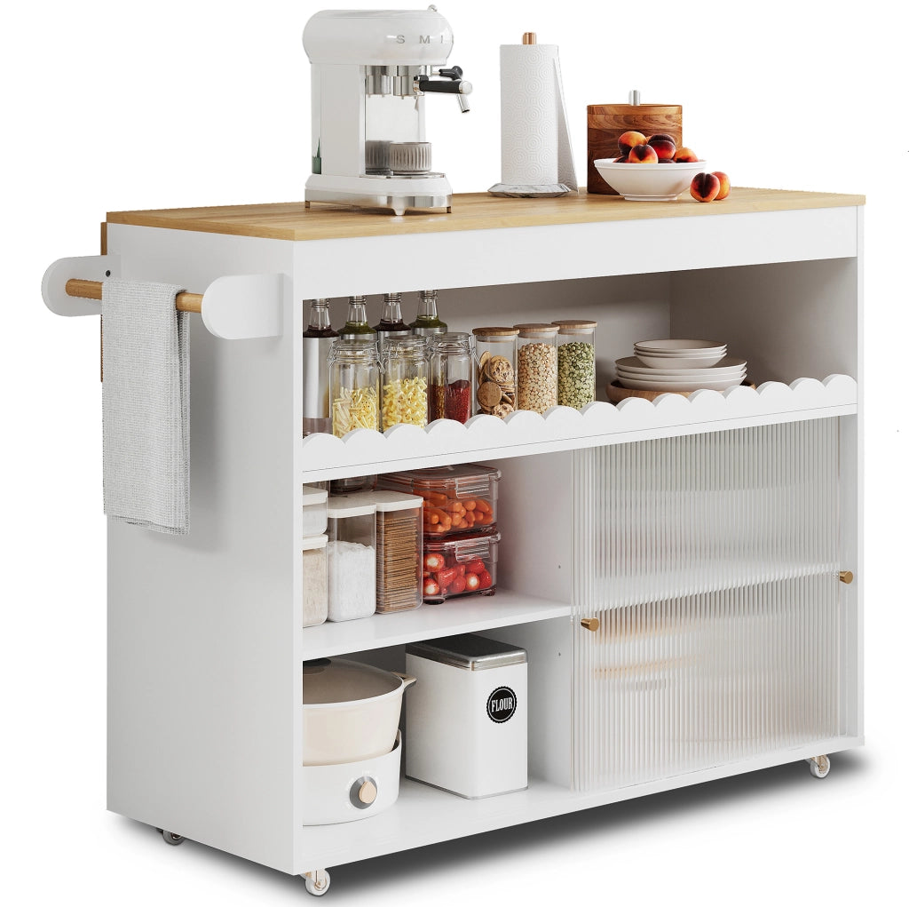 Carrello isola cucina pieghevole 122x46(69)x91 cm in MDF bianco e naturale
