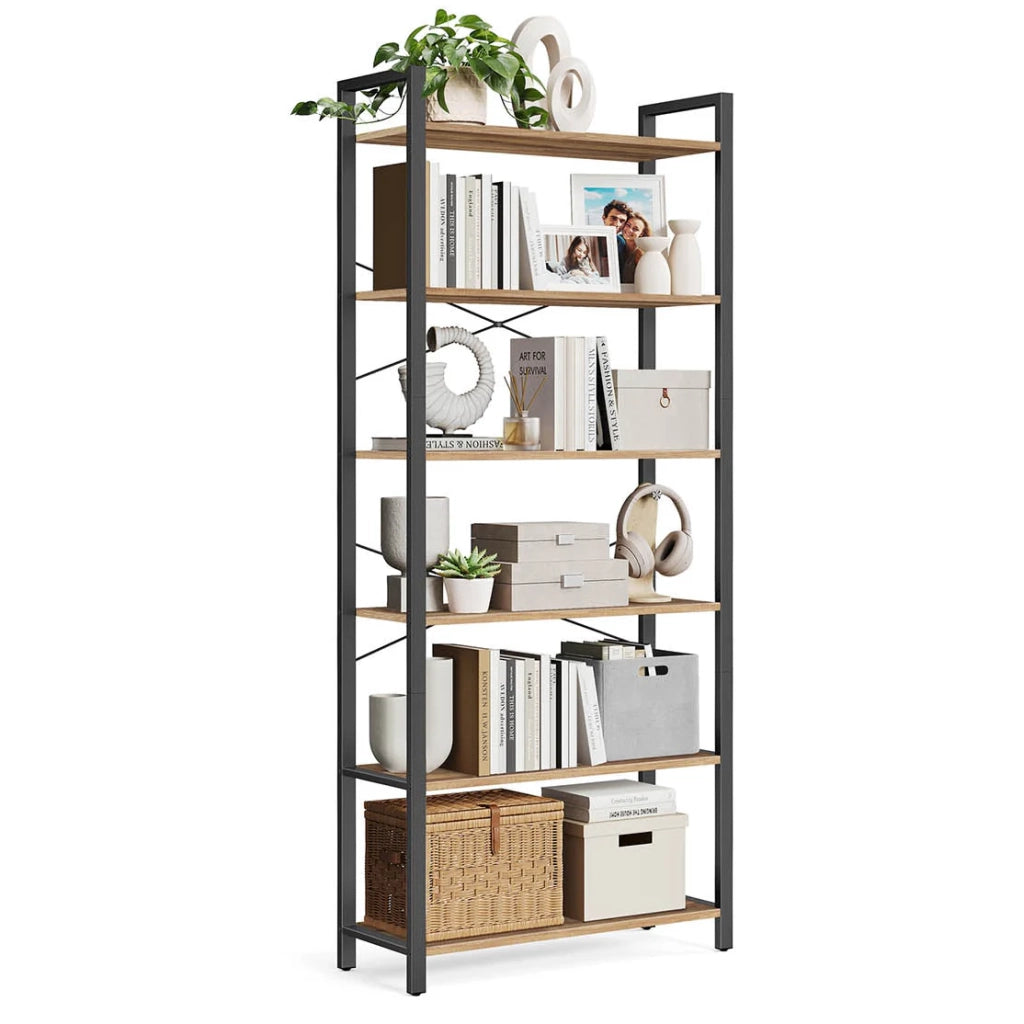Libreria a 6 ripiani con struttura in acciaio per soggiorno ufficio ingresso stile industriale 80 x 30 x 186 cm marrone 12_0005454