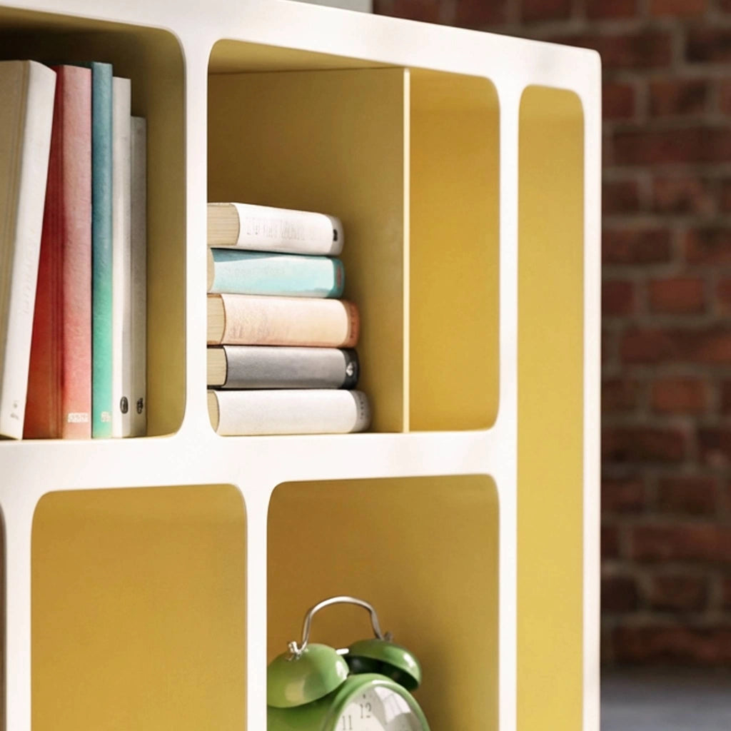 Libreria organica in legno bicolore con 8 scomparti, giallo