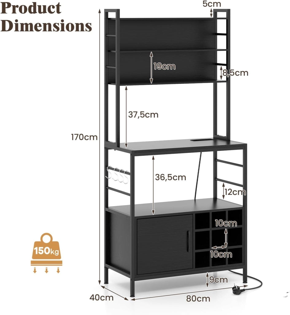 Scaffale da Cucina con Stazione di Ricarica, Scaffale Verticale su Piedi, 1 Armadio con Porta e Portabottiglie per 9 Bottiglie, Scaffale Portaoggetti, 80 x 40 x 170 cm (Nero)