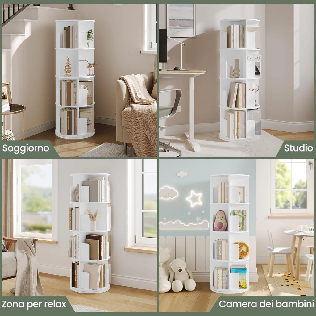 Libreria Rotante, Libreria Angolare a 4 Livelli 16 Scomparti, Scaffale Autoportante per Soggiorno, Camera da letto, Ufficio, Studio, in Legno, Bianco