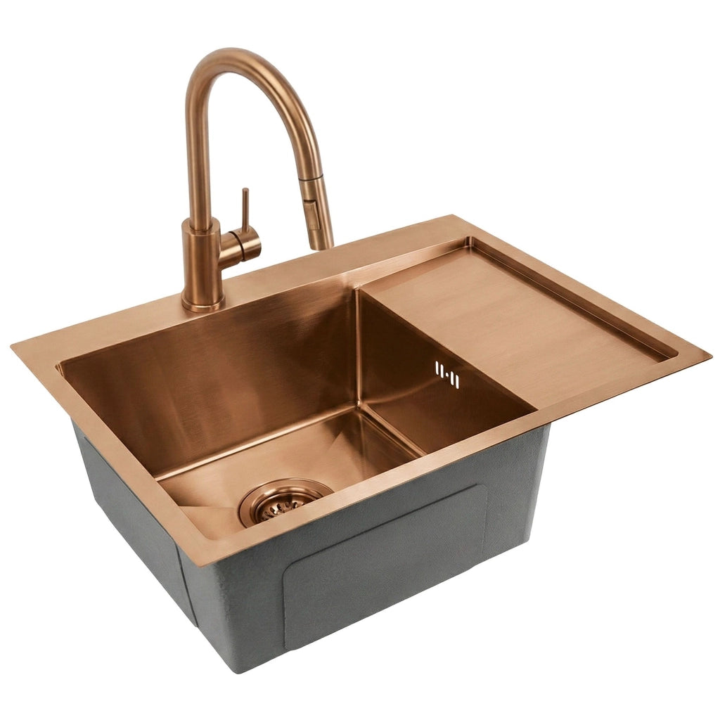 Lavello In Acciaio Fin Brush Copper con rubinetto da cucina