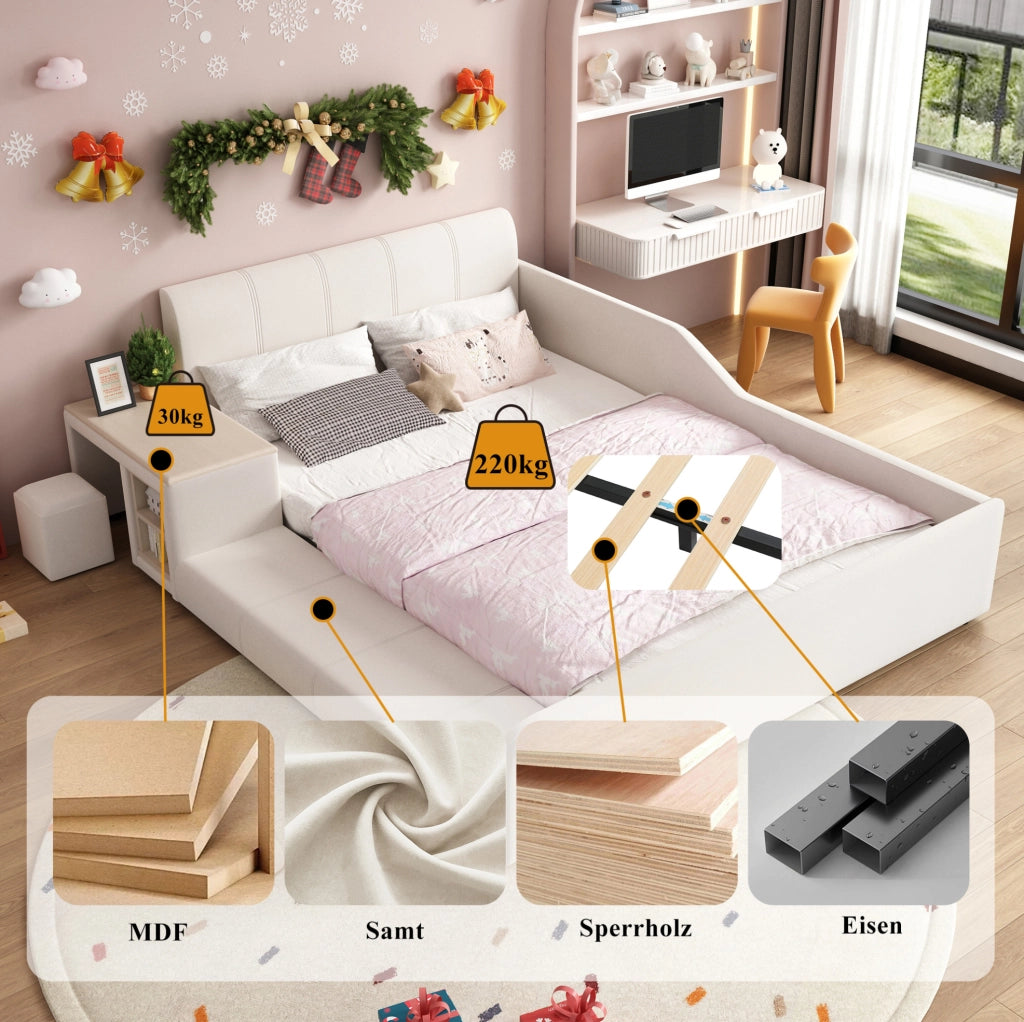 Letto imbottito per bambini con scrivania, sgabello e ripiano