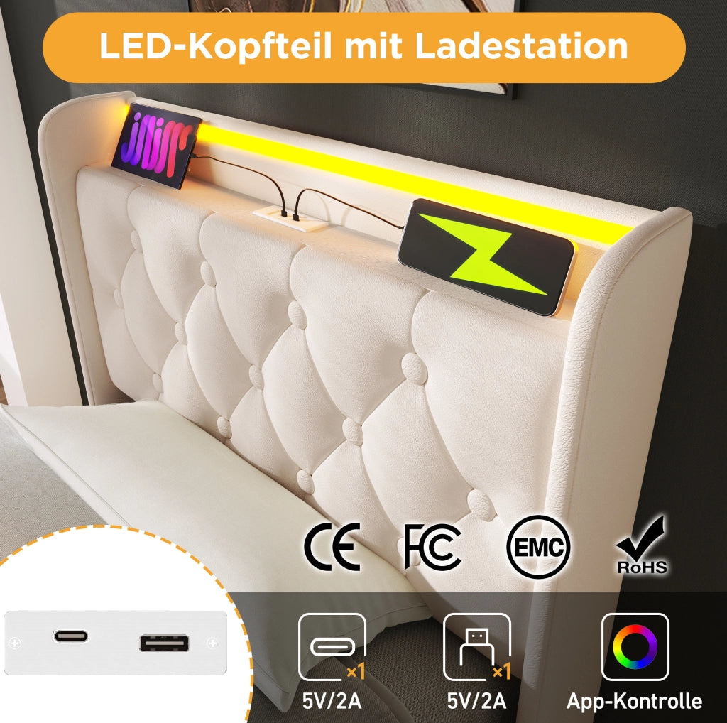 Letto singolo LED con vano contenitore e USB-C 90x200 cm bianco