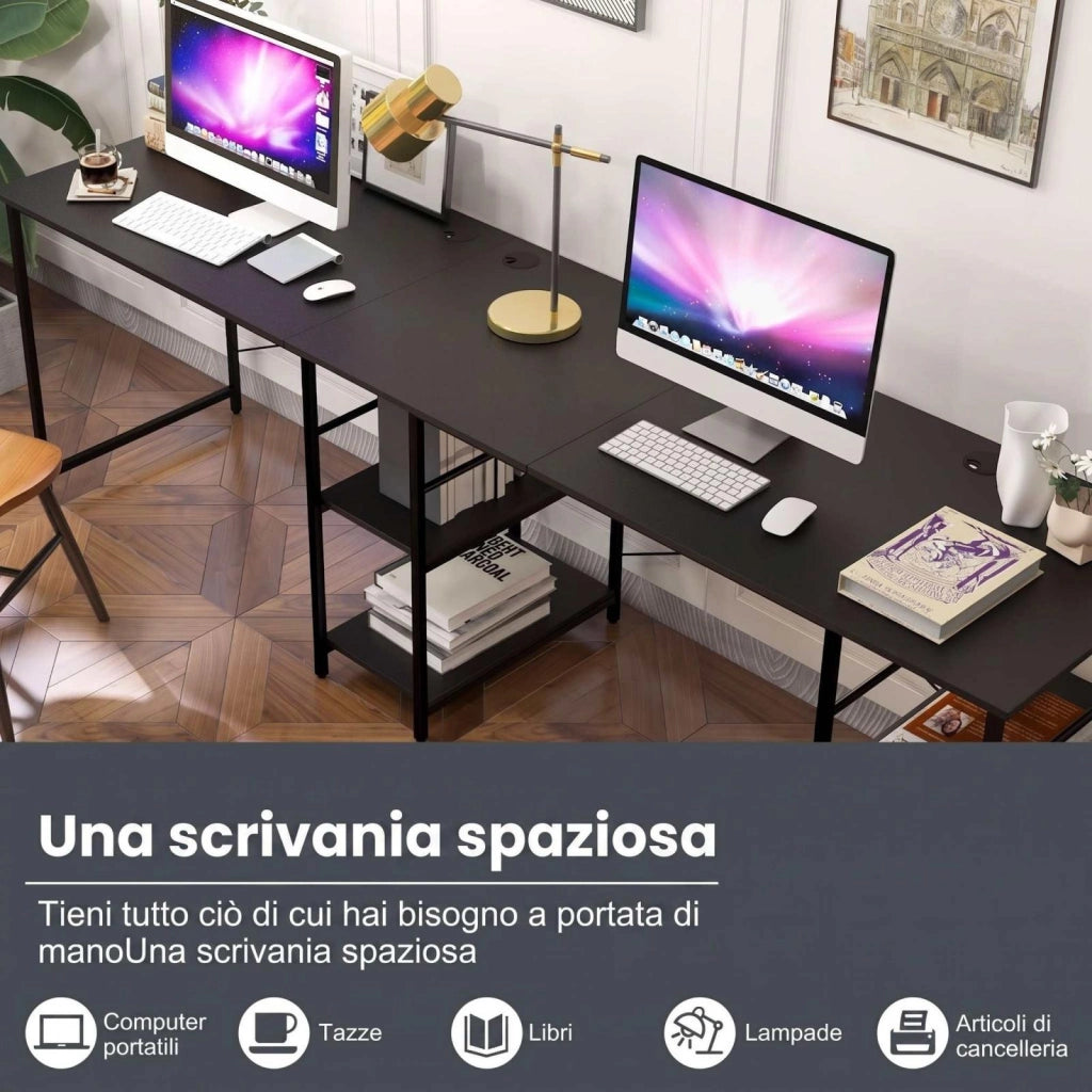 Scrivania per computer, scrivania a L, scrivania trasformabile per due persone, scaffale a più ripiani, fori per il passaggio dei cavi integrati, nero