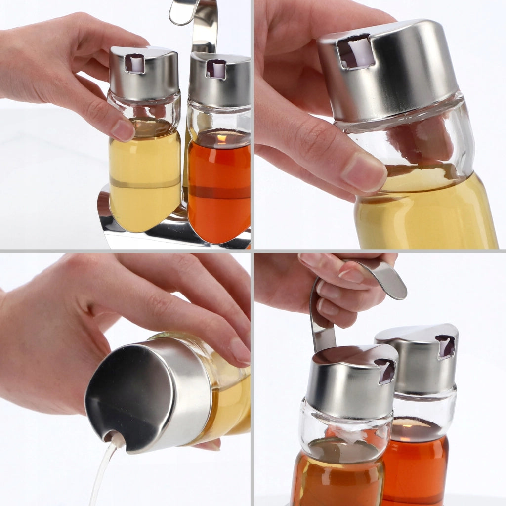 Set di 2 bottiglie in vetro KADAX da 0,1 l per olio d'oliva e aceto, con supporto.