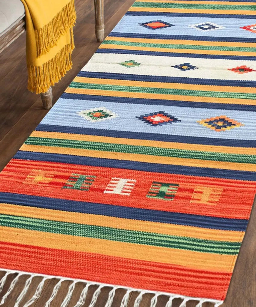 Tappeto KELIM 06 disegni etnici orientali colori vivaci cm.170x240 tessuto e frangia 100% cotone, lavabile in lavatrice