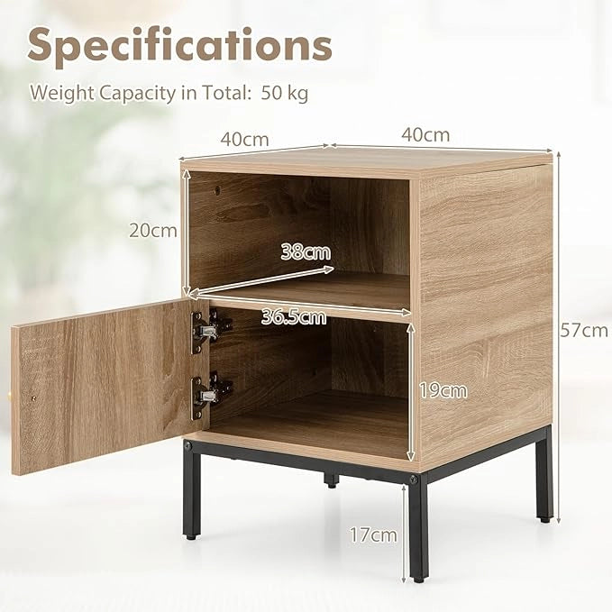 Comodino 40 x 40 x 57cm in Legno e Rattan, Tavolino in Stile Boemia con Ripiano Aperto, Armadietto e Gambe in Metallo, Mobile Moderno per Camera da Letto, Soggiorno e Salotto (2)