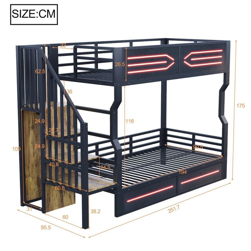Letto a Soppalco con Cassetti, LED e Scala ¨C Xylo ¨C Nero 90x200