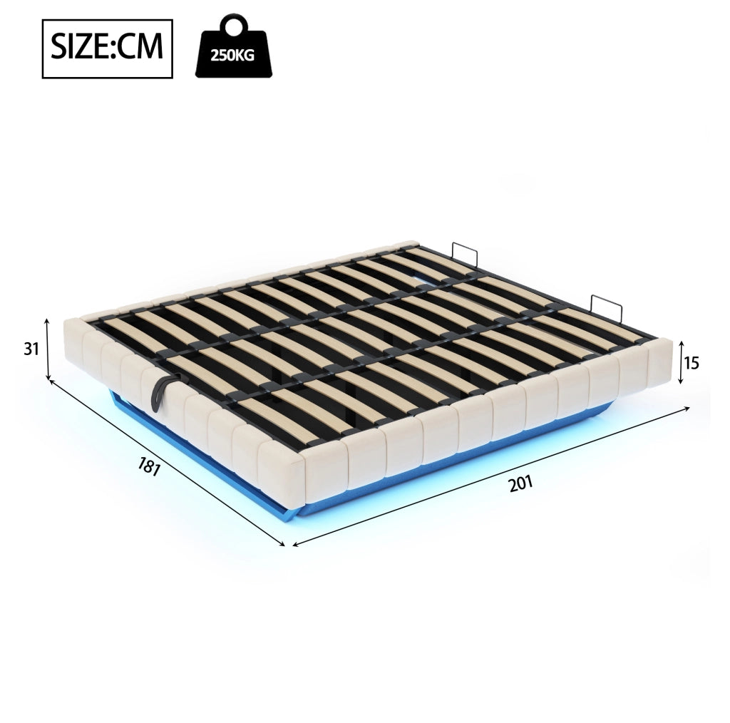 Letto imbottito 180x200 cm sospeso con contenitore e LED in lino beige