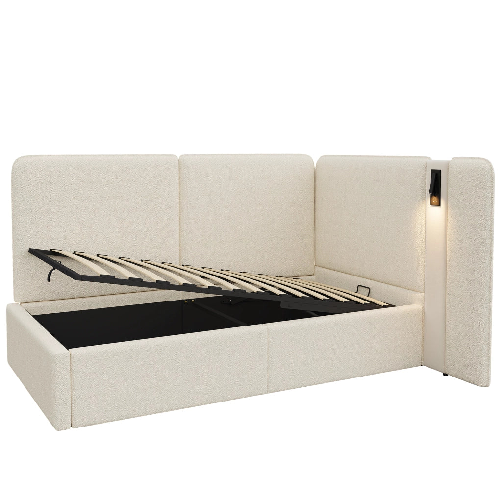 Letto imbottito singolo 90x200 cm con contenitore idraulico, lampada lettura USB e Type-C, beige bouclé