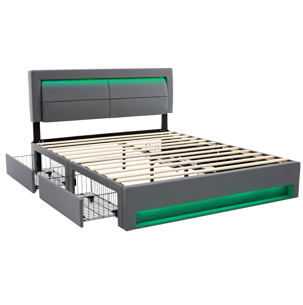 Letto contenitore 140x200 cm in PU grigio con LED, USB e 4 cassetti, senza materasso