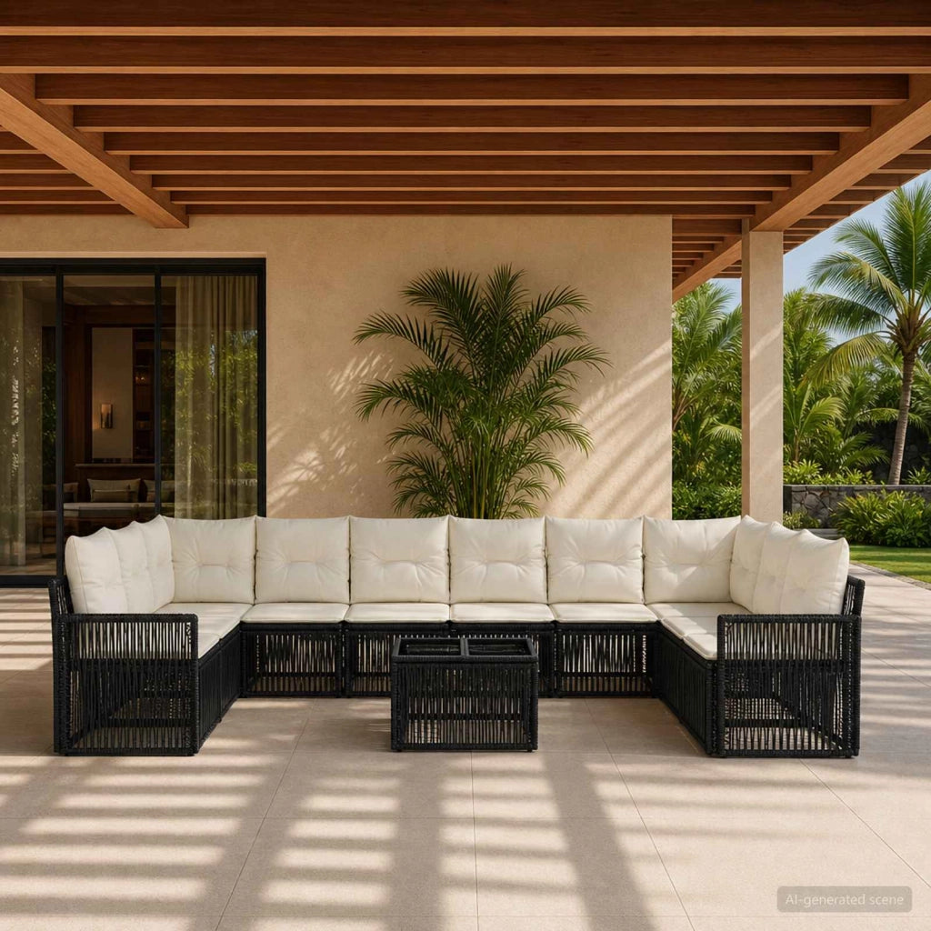 Set Divano da Giardino 11 pz Nero e Bianco Crema polyrattan 3435235