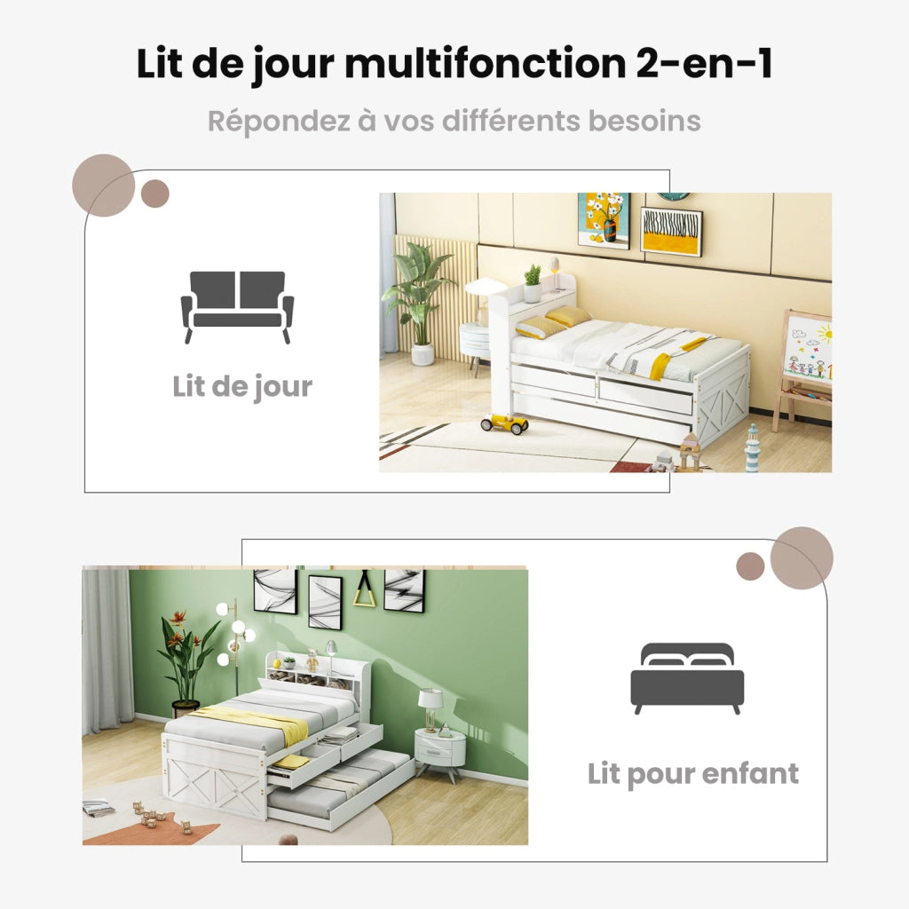 Letto singolo 90×190 cm con rete; letto estraibile; 2 cassetti; USB; senza materasso; legno massiccio; bianco