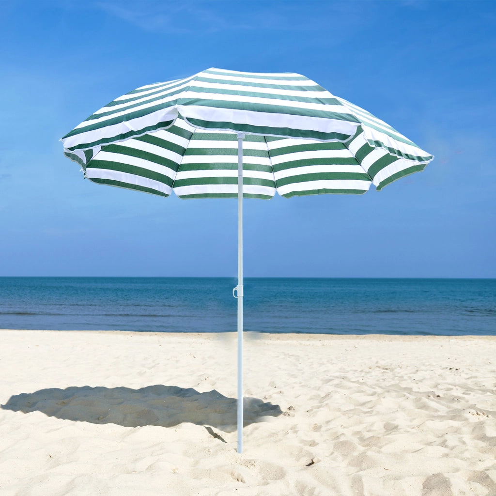 Ombrellone da Spiaggia Inclinabile e Rotondo in Metallo e Poliestere, ?1.8x2 m, Verde e Bianco