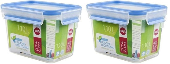 Contenitore di Cibo Clip & Close Reclinabile | Rettilineo | con Coperchio | 1,1 litri | Translucido/Azzurro | 100% Ermetico (confezione da 2)
