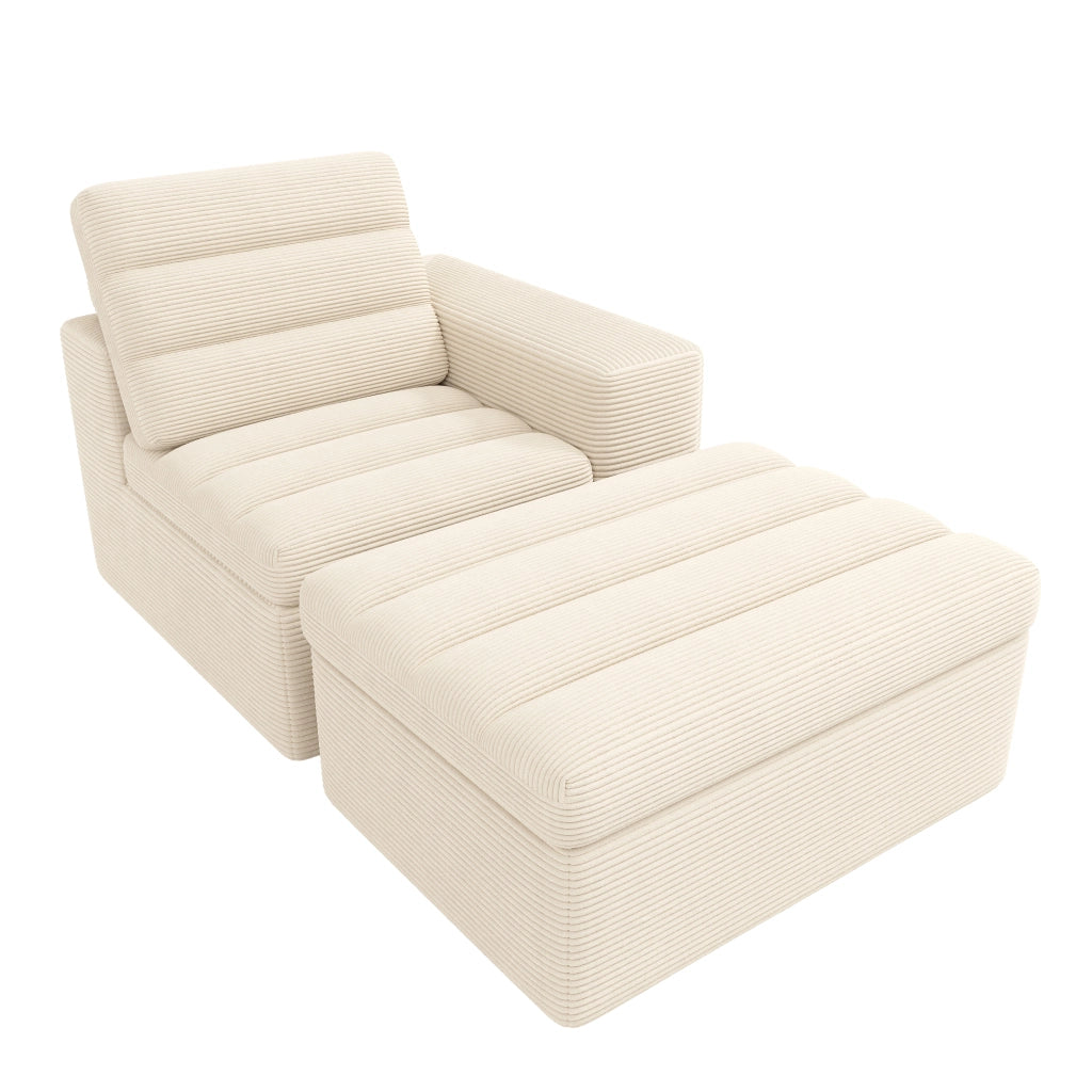 Divano angolare modulare a L in tessuto corduroy beige, senza struttura, 4-5 posti, con pouf