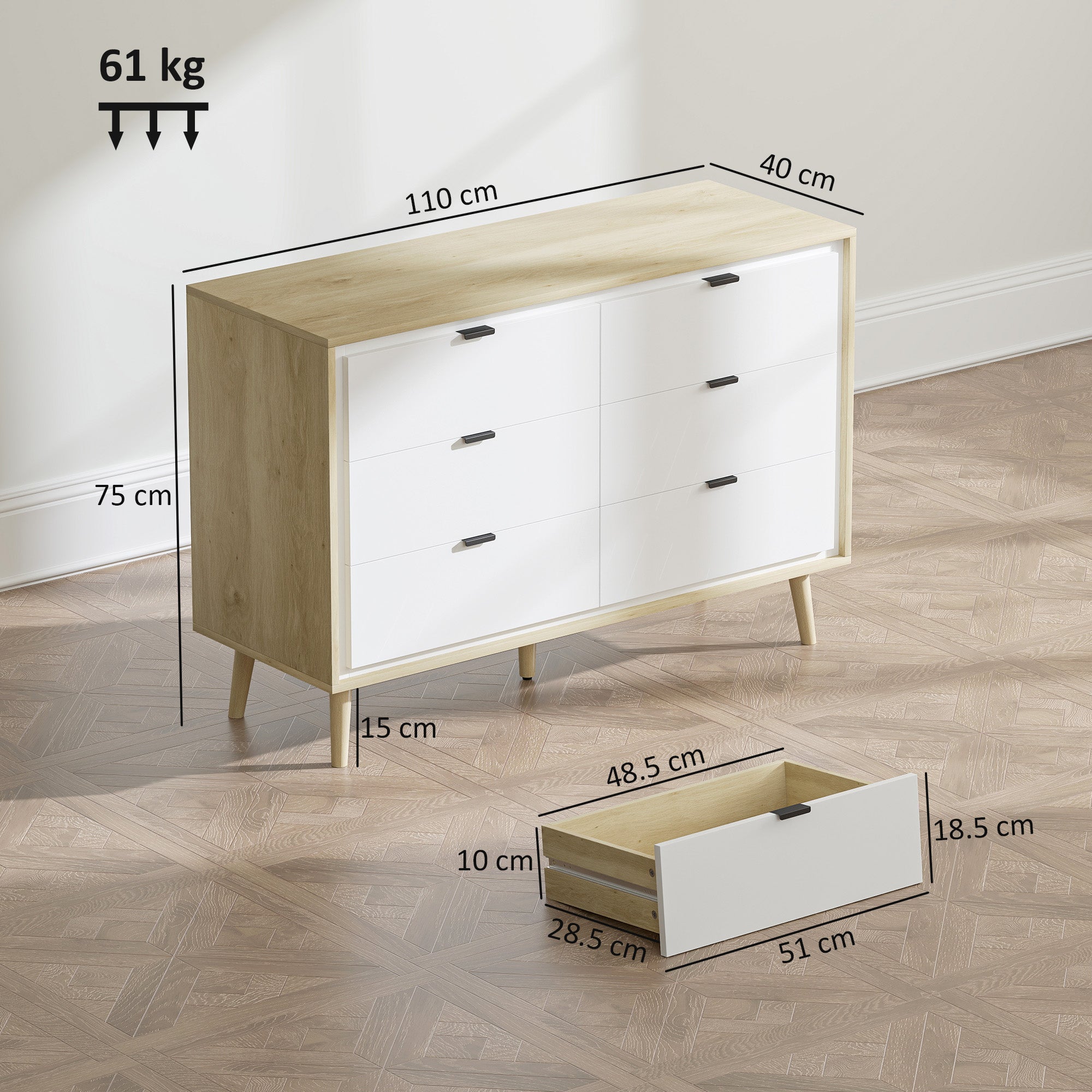 Cassettiera con 6 Cassetti 110x40x75 cm in Legno Bianco Lucido e Rovere