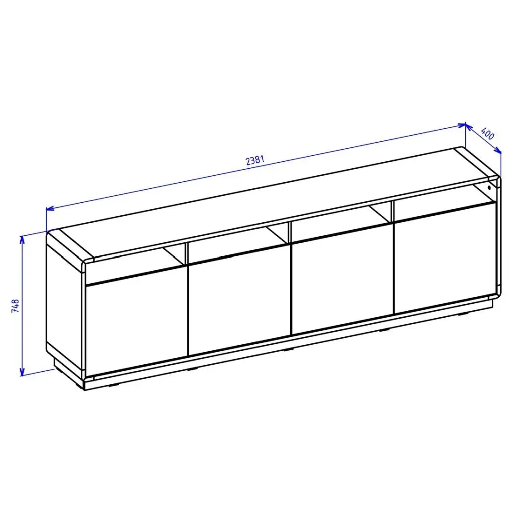 Buffet XL 240cm collezione VILLA. Colore rovere e nero. 4 porte e 4 nicchie illuminate.