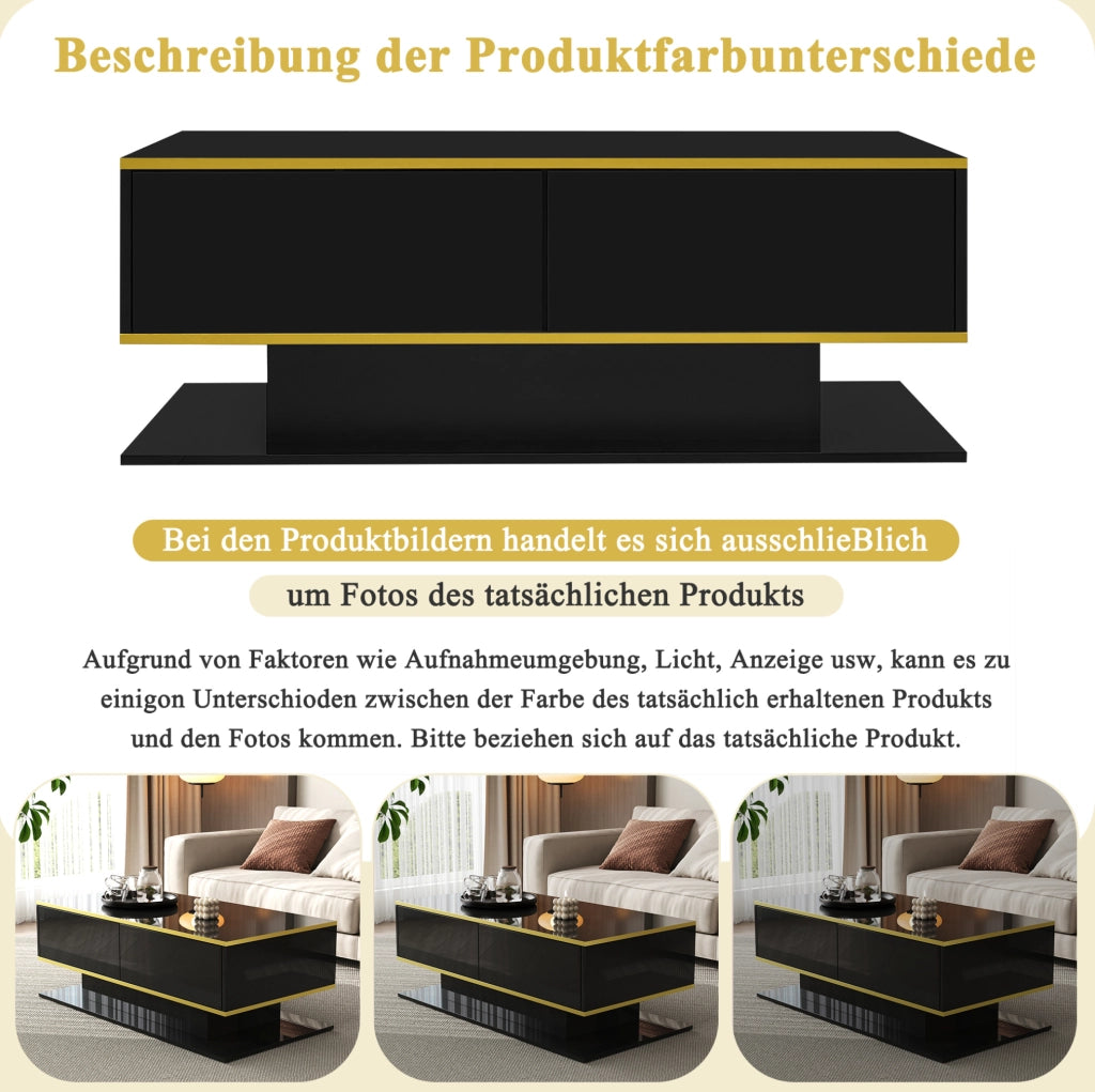 Tavolino da caffè moderno 100 x 50 x 40 cm nero lucido con LED; 3 cassetti e dettagli oro
