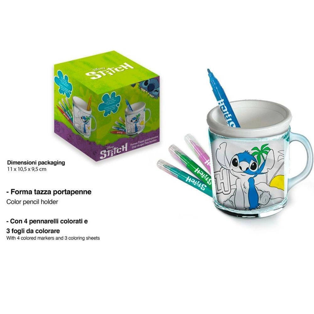 Trade Shop - Tazza Portapenne Da Colorare Stitch Disney Bicchiere Pennarelli Colori Regalo -