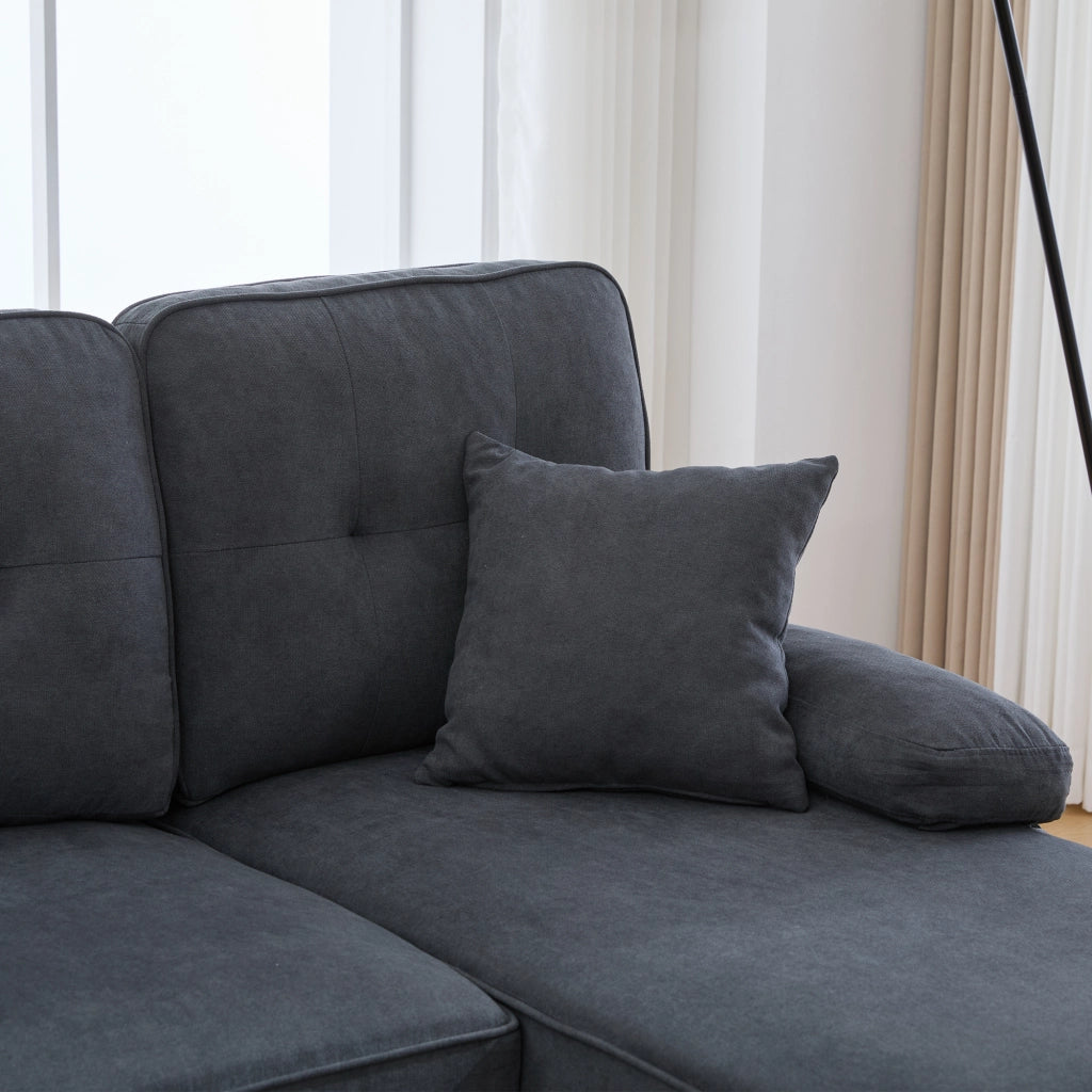 Divano panoramico a U 4 posti con tasche laterali e porte USB, in lino, grigio scuro