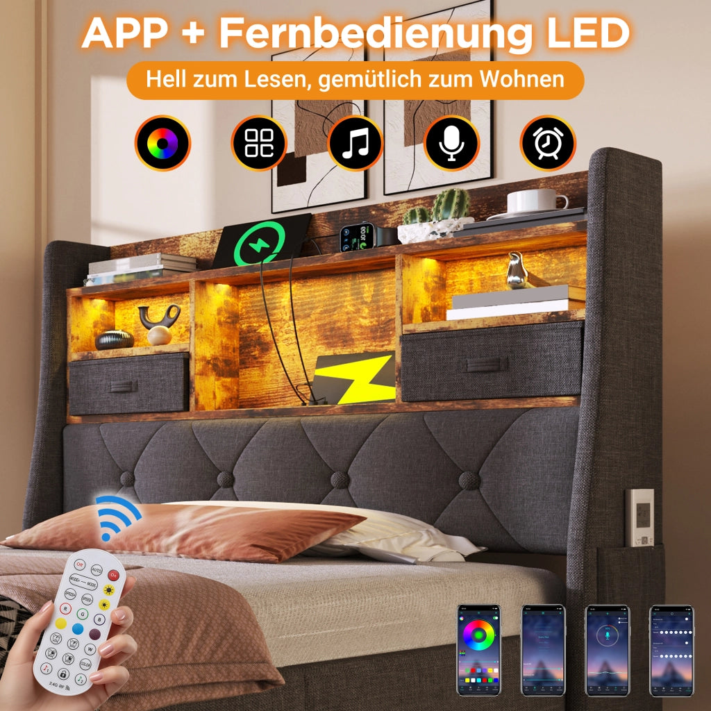 LETTO contenitore 90x200 cm in lino grigio con LED, USB e testiera con ripiano