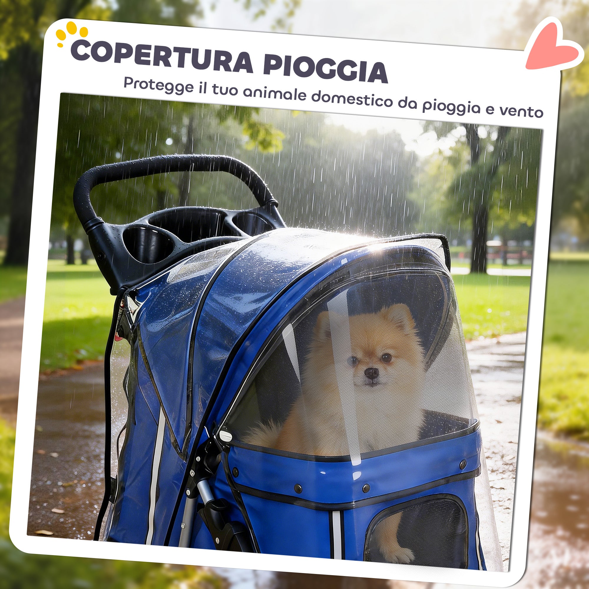 Passeggino per Cani Pieghevole con Copertura Antipioggia Ruote Girevoli e Cuscino Lavabile Blu