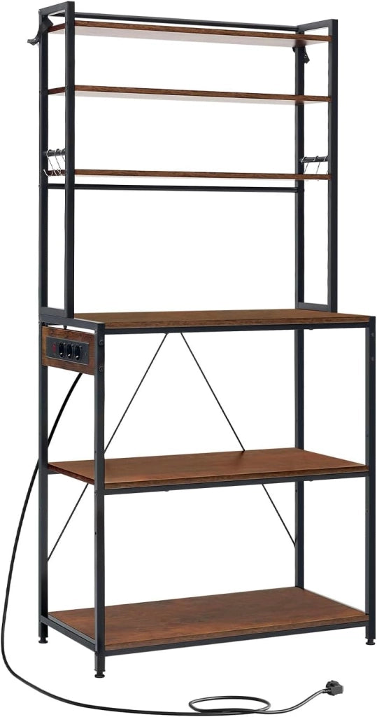 Scaffale da Cucina a 6 Livelli con Prese di Corrente, Scaffale per Microonde con Struttura in Metallo e Piano di Lavoro Aperto, Nero+Marrone Rustico, 80x39,5x167cm