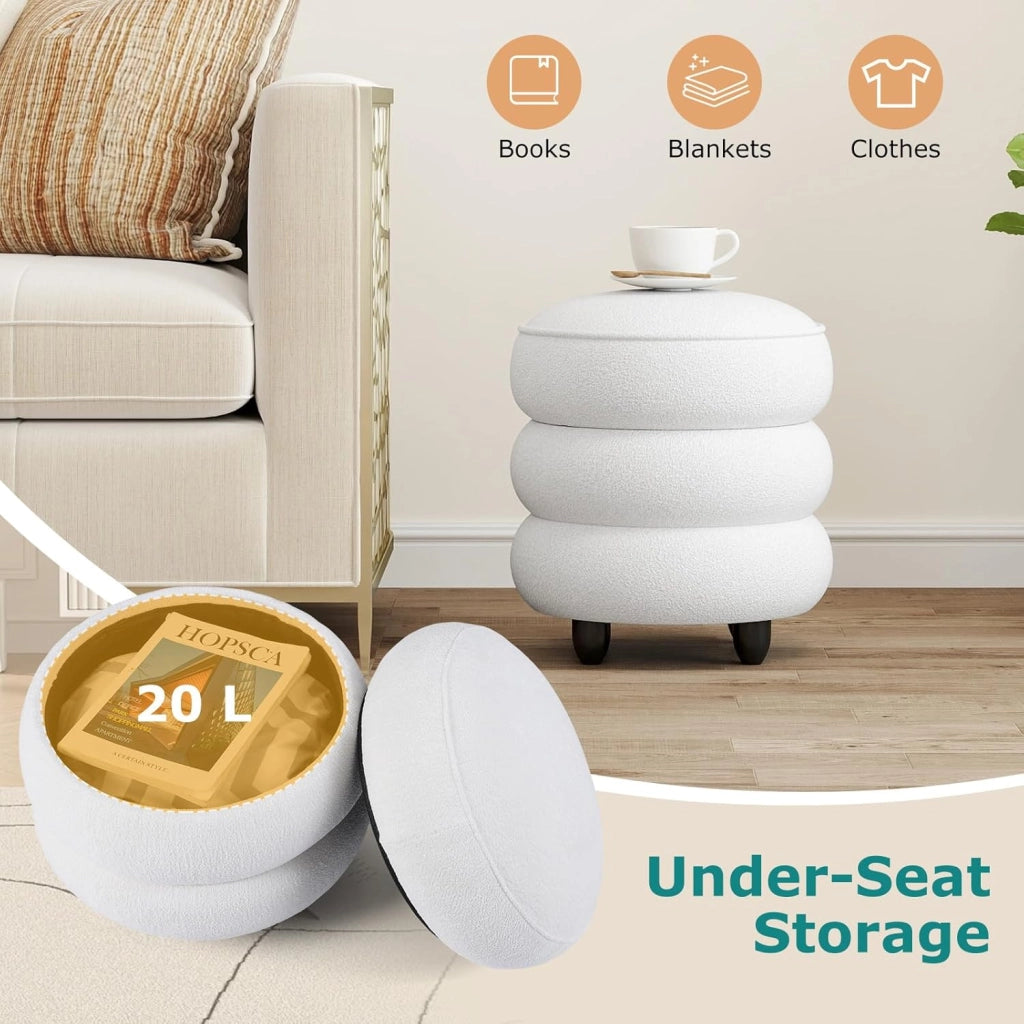Pouf Contenitore con Coperchio Rimovibile, Pouf Rotondo in Ciniglia con Piedi in Legno di Gomma, Portata 150 Kg, Sgabello Contenitore Moderno per Soggiorno e Camera da Letto, 40,5 x 44,5 cm