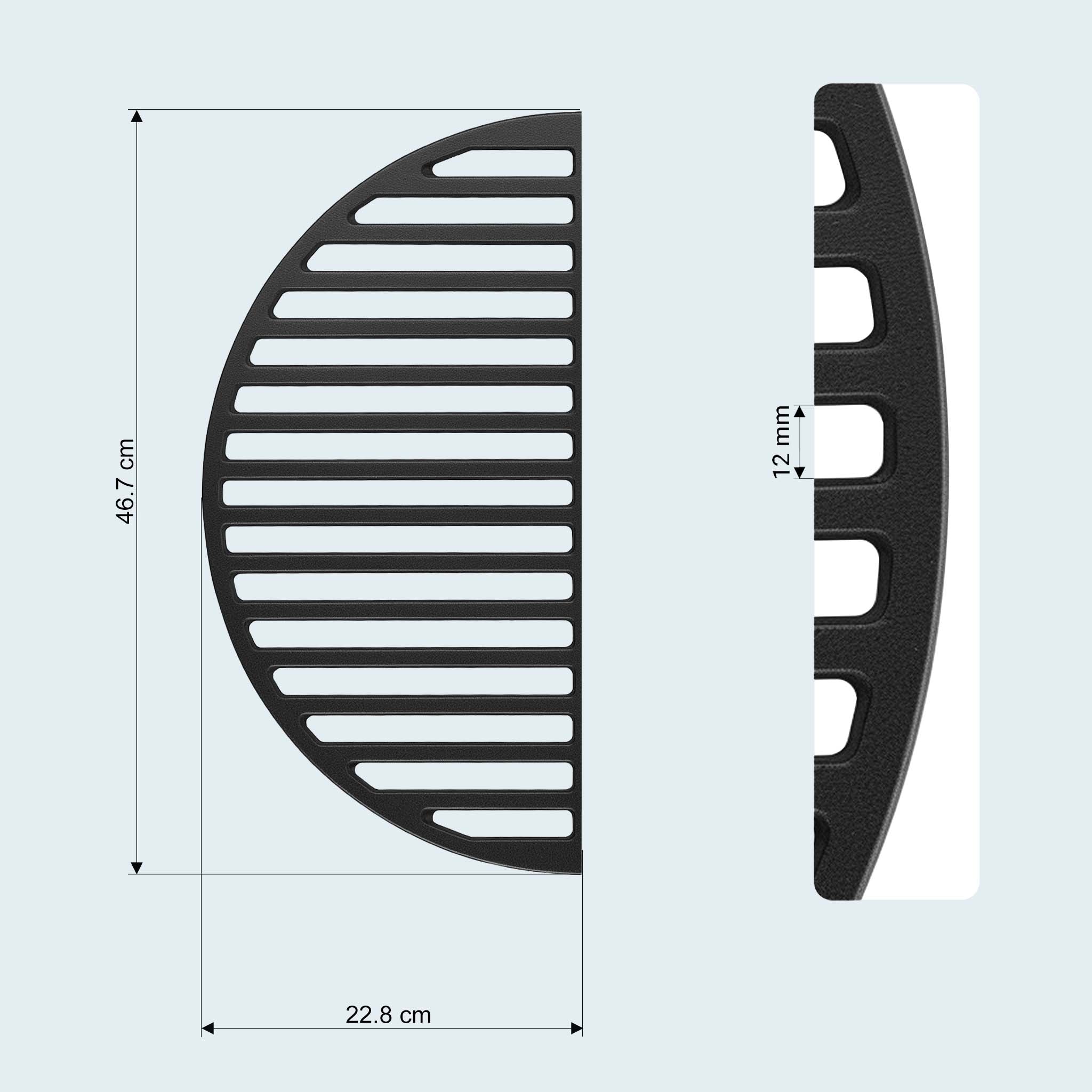 Set 2x Griglia in ghisa, forma a mezza luna, 46,7 x 22,8 x 0,9 cm, per barbecue, bistecchiera, ideale per grigliare carne, pesce, verdure