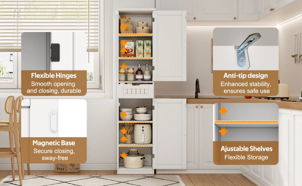 Credenza alta con ripiani regolabili e ante a griglia, per cucina e soggiorno, in MDF bianco, 170 × 40 × 30 cm