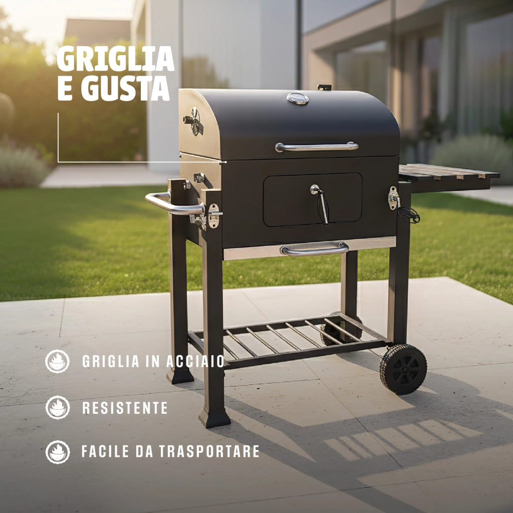Barbecue a Carbone con Coperchio e Termometro, 1 Griglia di Cottura + Griglia Mantenimento, Apertura Frontale, Ripiano Laterale e Apribottiglie, BBQ da Giardino con Ruote