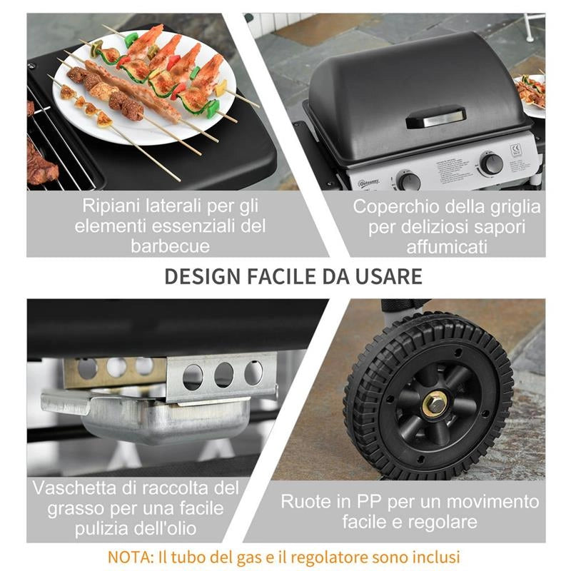BARBECUE A GAS CON COPERCHIO, BRUCIATORI DA 5.6KW, BBQ E RUOTE, 104X49X99 CM