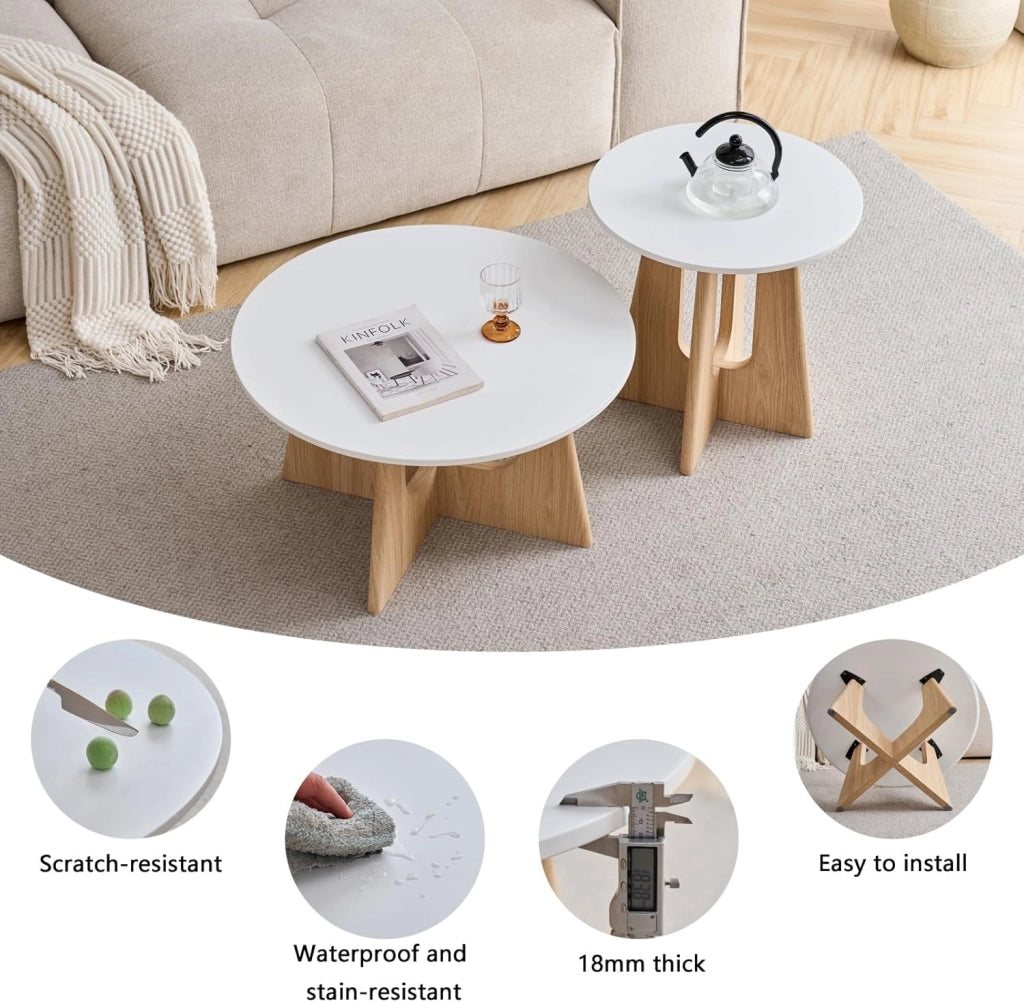 GrandCA HOME Set di 2 Tavolino Rotondo da Caffè, Tavolino da Soggiorno in Stile Minimalista Moderno, Materiale in Fibra di Legno a Media Densità, Adatto per Soggiorno, Camera da Letto - Bianco